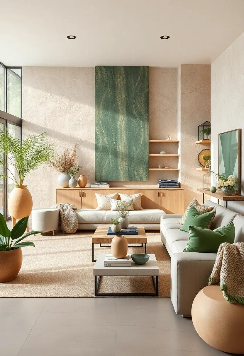 Natural Wood Elements: Incorporate beige wood furniture and decor items, such as a coffee table or shelving, to achieve an organic, earthy feel