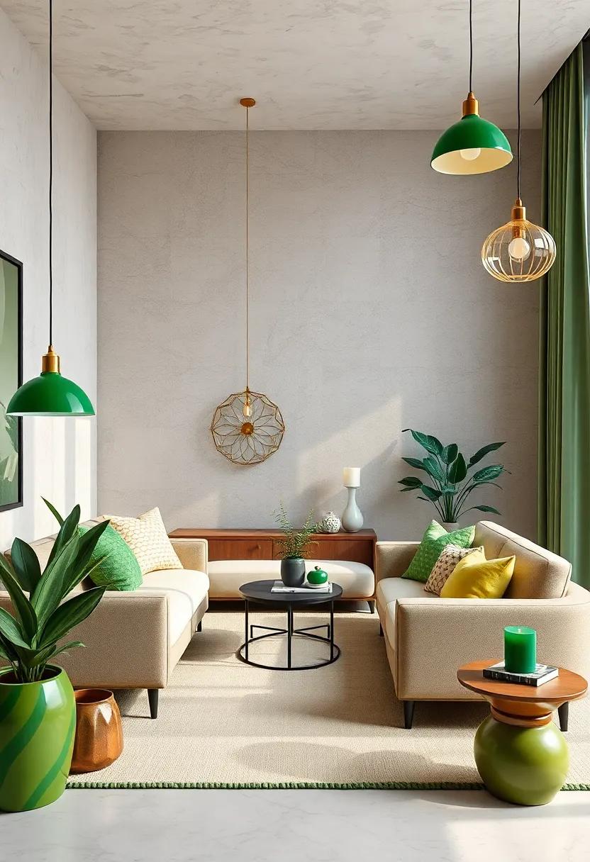 Green Accented Lighting: Choose unique green lampshades or pendant lights to infuse a soft glow and maintain a sophisticated color balance