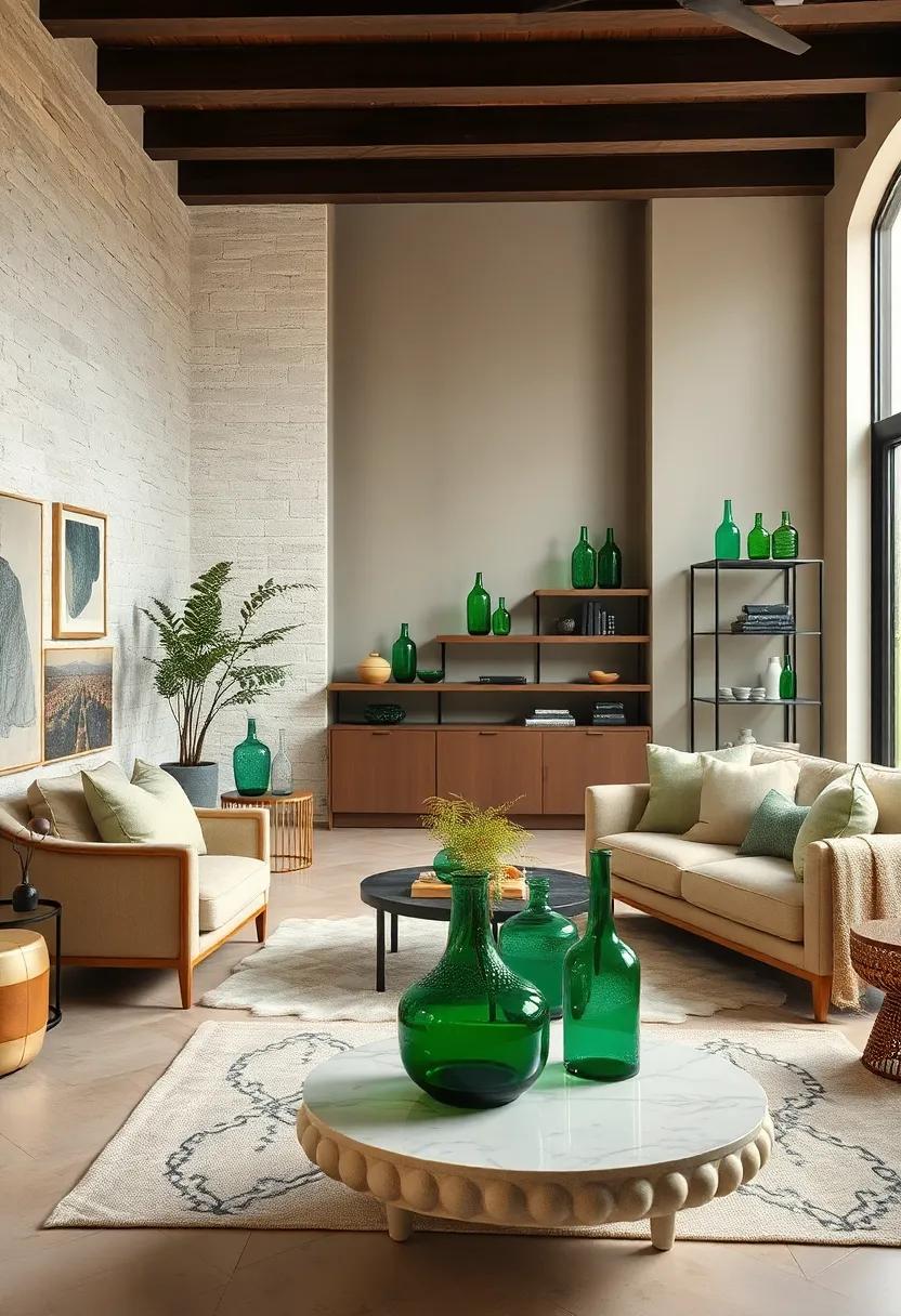 Vintage Green Glassware: Display vintage green glass accessories on shelves or coffee tables to add character and a touch of nostalgia