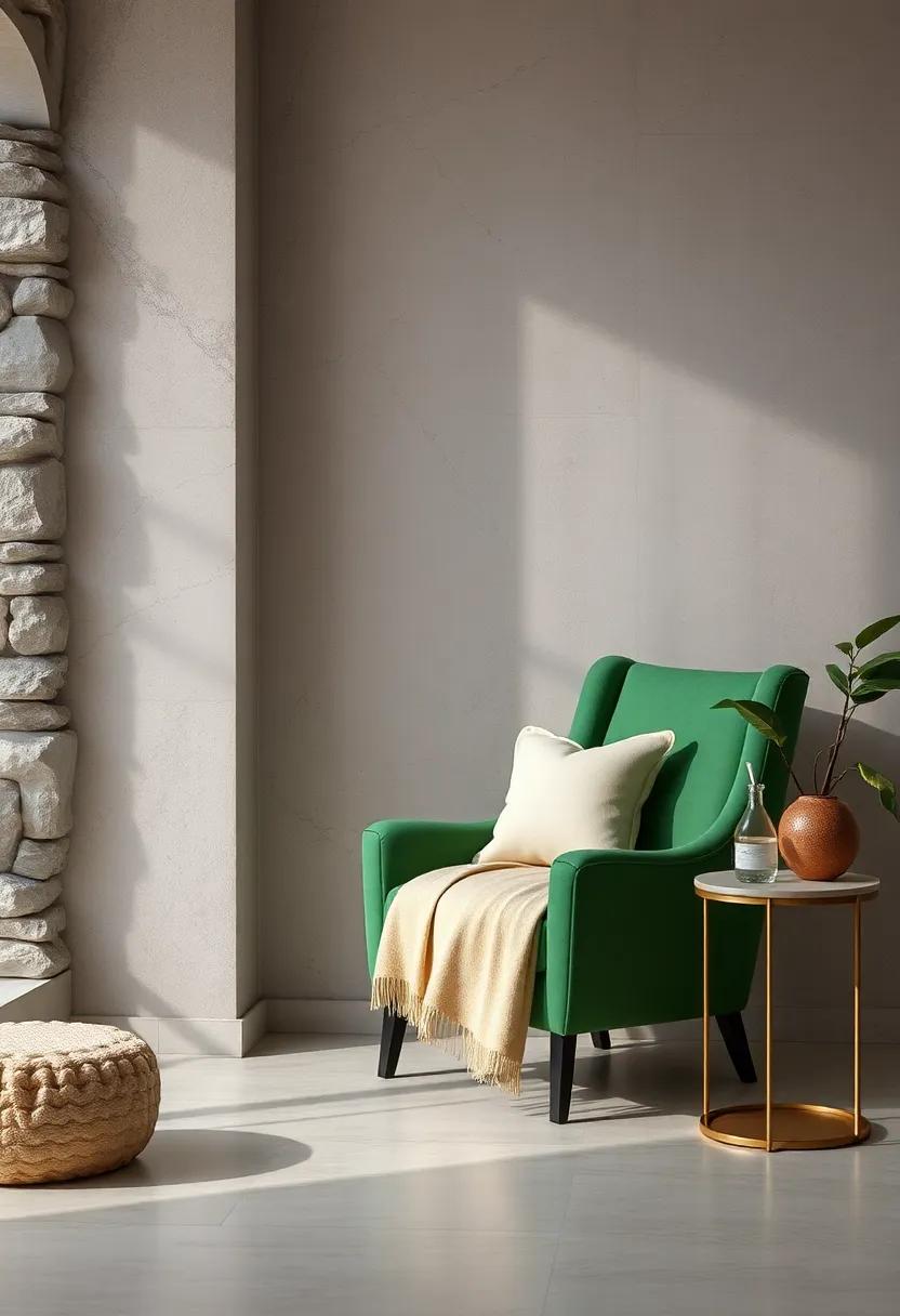 Cozy Green Reading Nook: Create a serene reading nook with a green armchair, a soft beige blanket, and a small side table for beverages