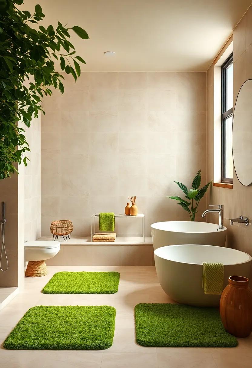 Beige Bathroom Oasis: Create a spa-like retreat in your bathroom with beige tiles, soft green bath mats, and nature-inspired decor