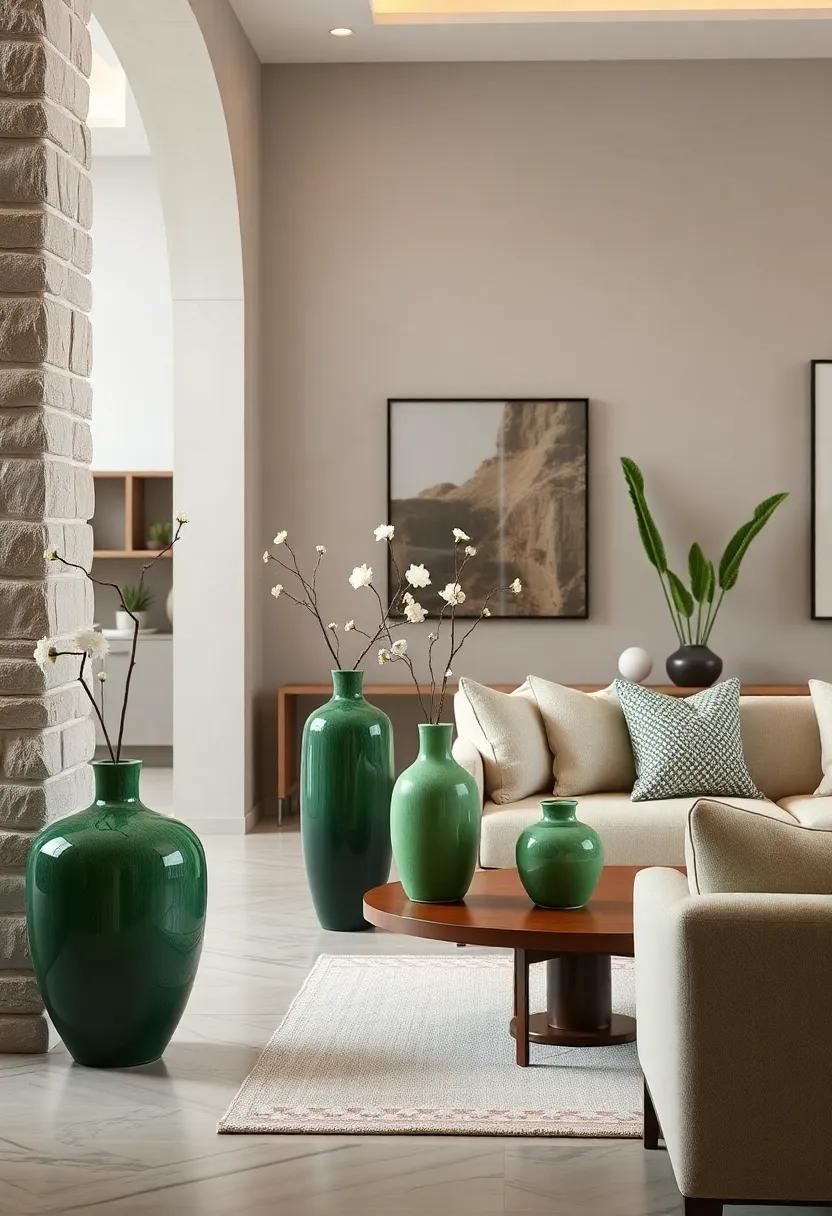 green Ceramic Vases: Use handcrafted green ceramic vases on dining or side tables for an artistic touch that complements your decor