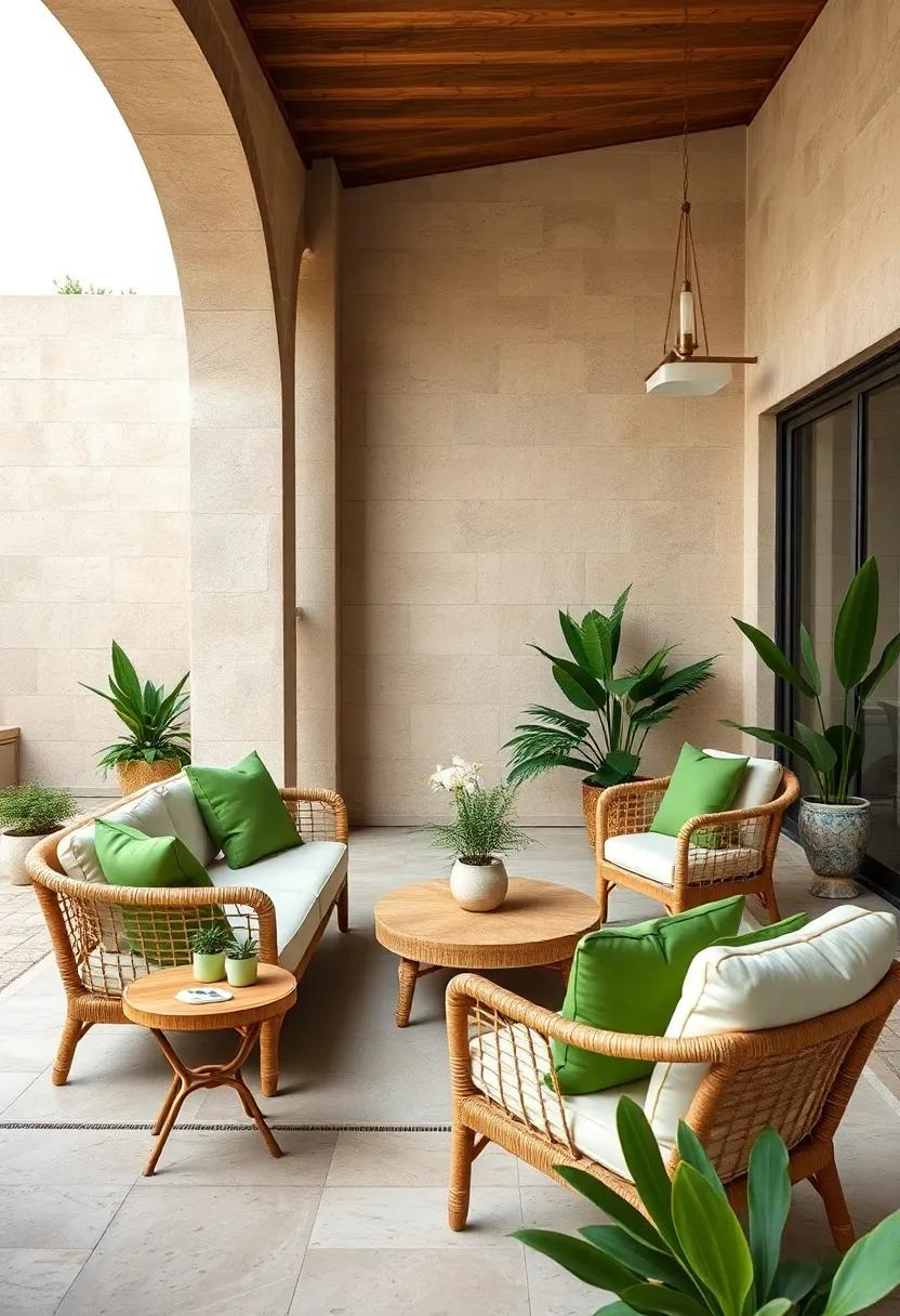 Beige and Green Patio furniture: Opt for stylish outdoor furniture in beige with green cushions, combining comfort with a fresh outdoor vibe
