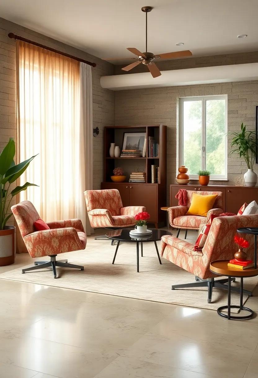 Retro Revival: A stylish ensemble of patterned Eames chairs accented by iconic⁢ 1960s decor, merging nostalgia​ with‌ modern sensibilities in a vibrant setting