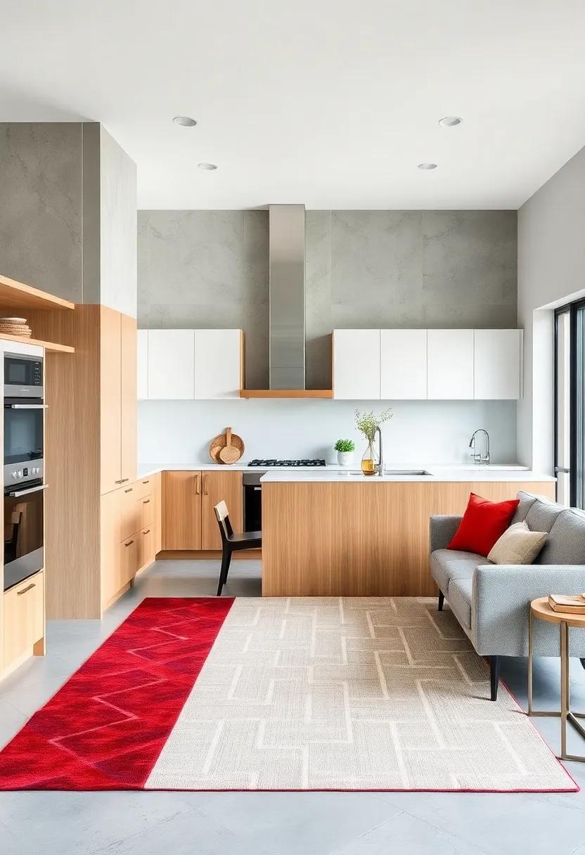 Statement Rugs: Consider a bold, geometric rug that adds comfort underfoot without overpowering the kitchen's minimal aesthetic
