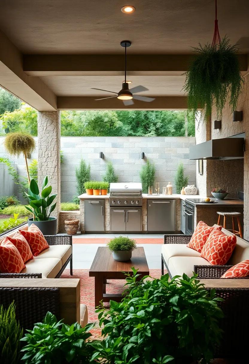 go Green with an Herb Garden: Plant herbs in pots or a small garden bed nearby to enjoy fresh flavors and add greenery to your outdoor kitchen