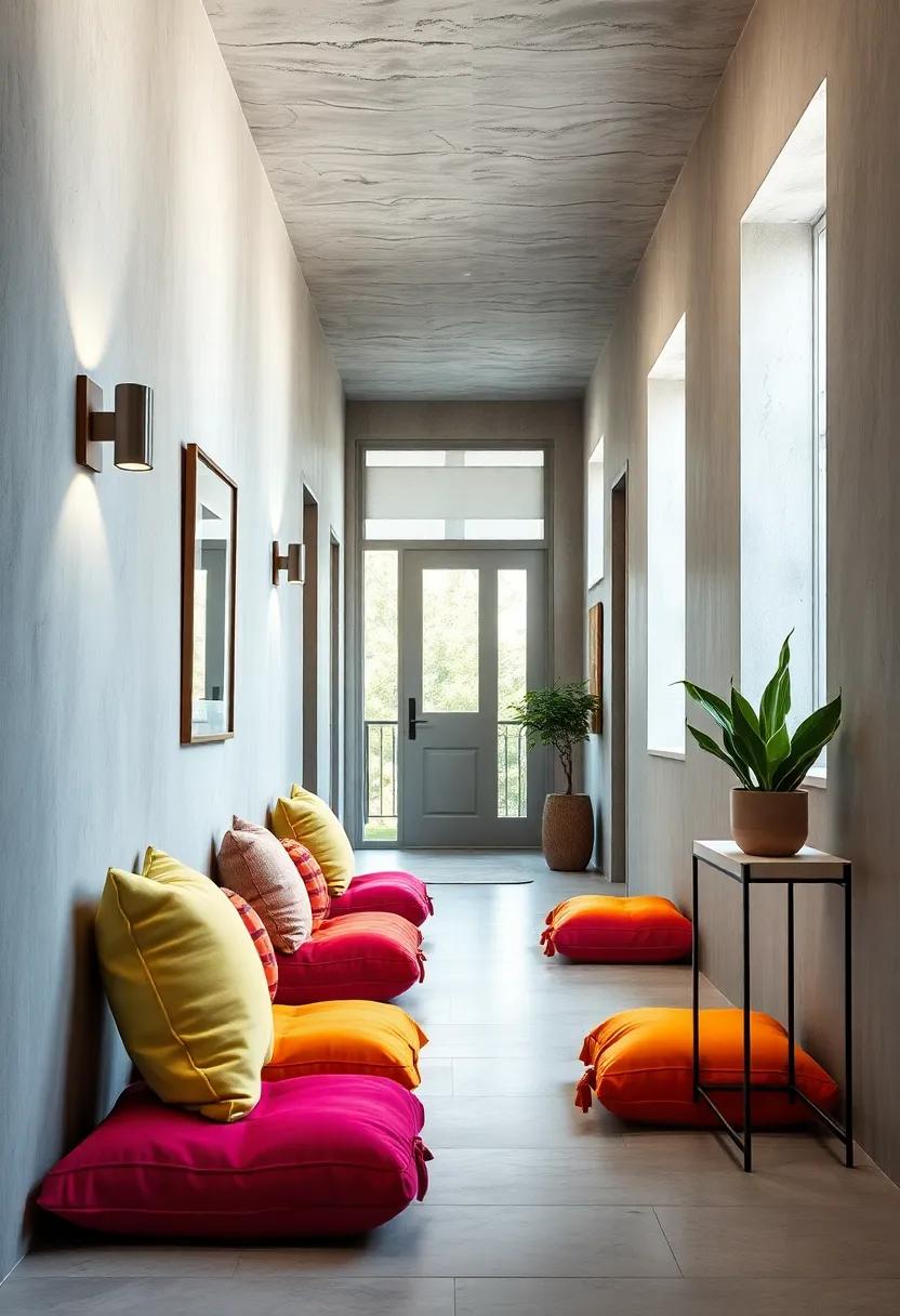 Brightly Colored Floor Cushions: Liven up your hallway with vibrant floor cushions that⁤ offer​ casual ⁤seating ‍and can easily be moved around