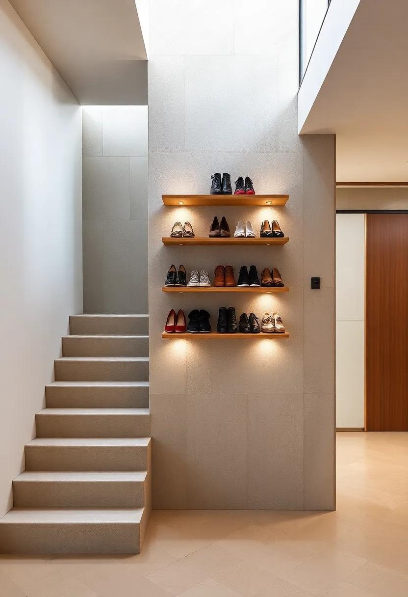 Vertical Wonders: A vertical staircase with a wall-mounted storage solution featuring shoe racks that ⁢make the most of limited space without compromising design