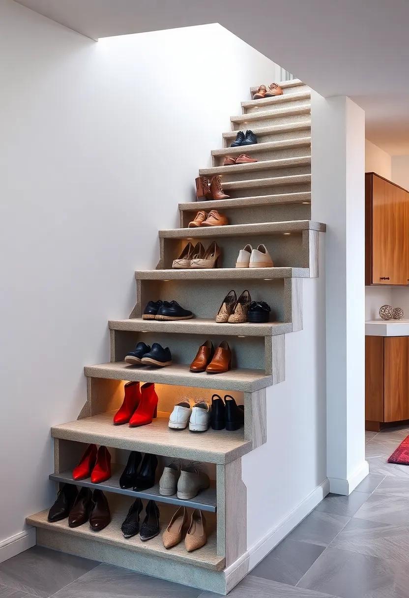 Upside-Down Organization: Shoes stored upside down ⁢in a clever rack ⁢under​ each step create an innovative design feature that is both practical and visually intriguing