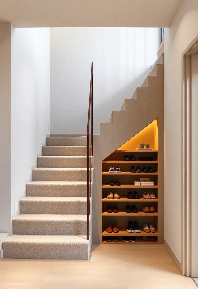 Geometric Genius: This staircase ‍employs geometric shapes with cutout sections dedicated for shoe storage, blending modern design with essential functionality