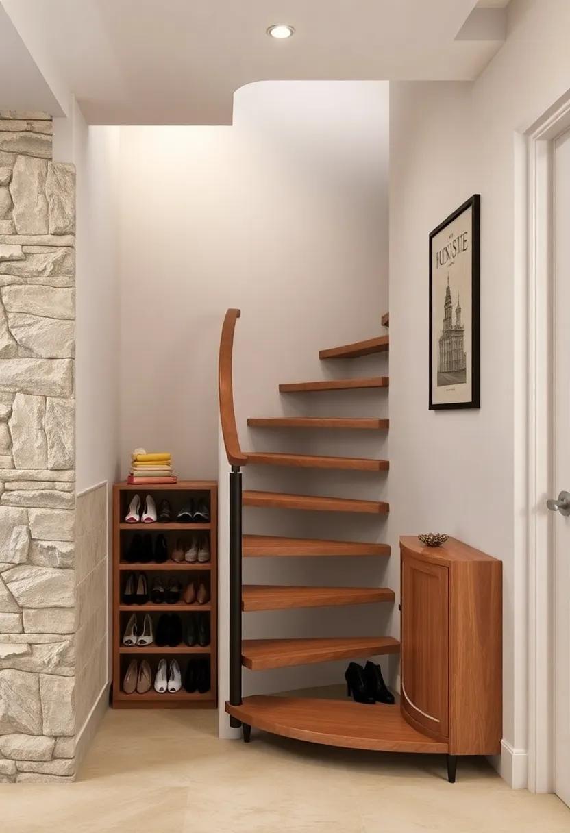 Vintage Vibes: A ⁢classic spiral ‌staircase with built-in shoe cabinets that evoke a sense of nostalgia while keeping⁣ footwear neatly tucked away‍ and out‌ of sight