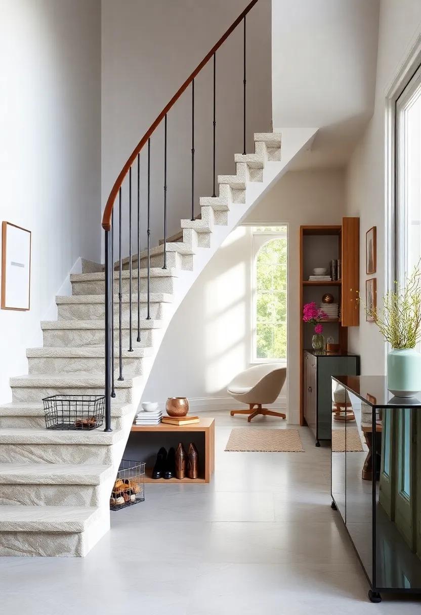 Floating Features: A floating staircase with under-step storage that uses the empty space above to house shoes in stylish wire ⁤baskets, combining form with function