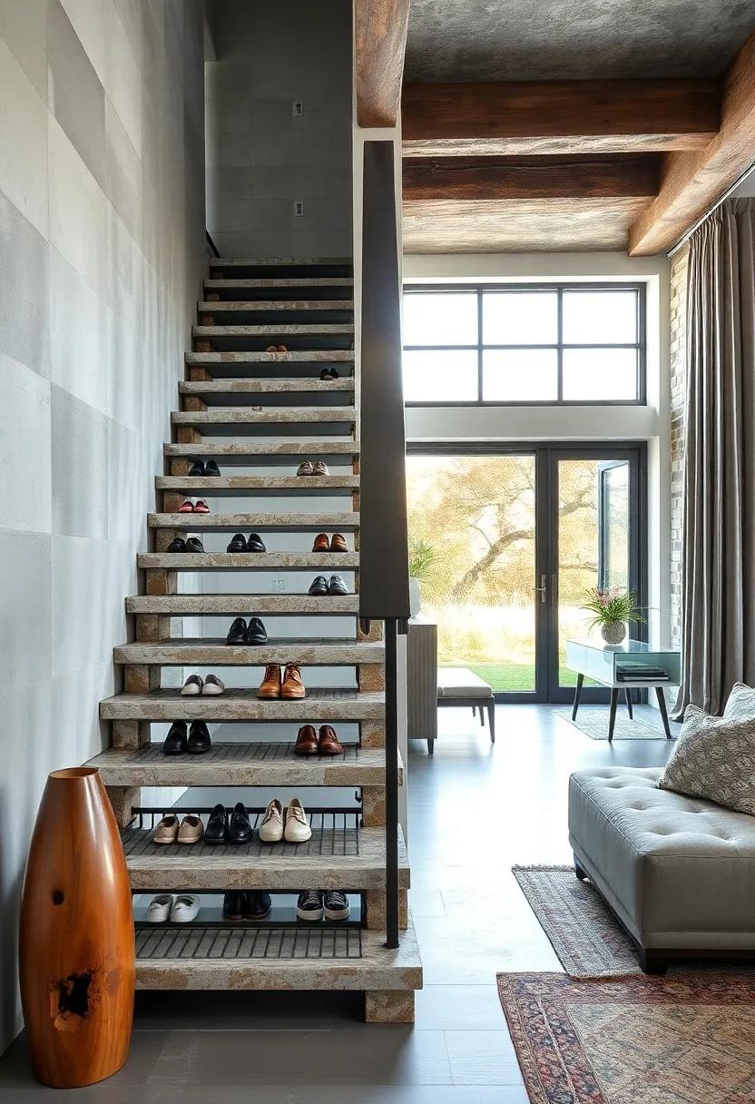 Industrial Edge: Featuring raw materials and an open design, this industrial staircase ‍integrates metal shelves under its steps for an edgy and functional twist