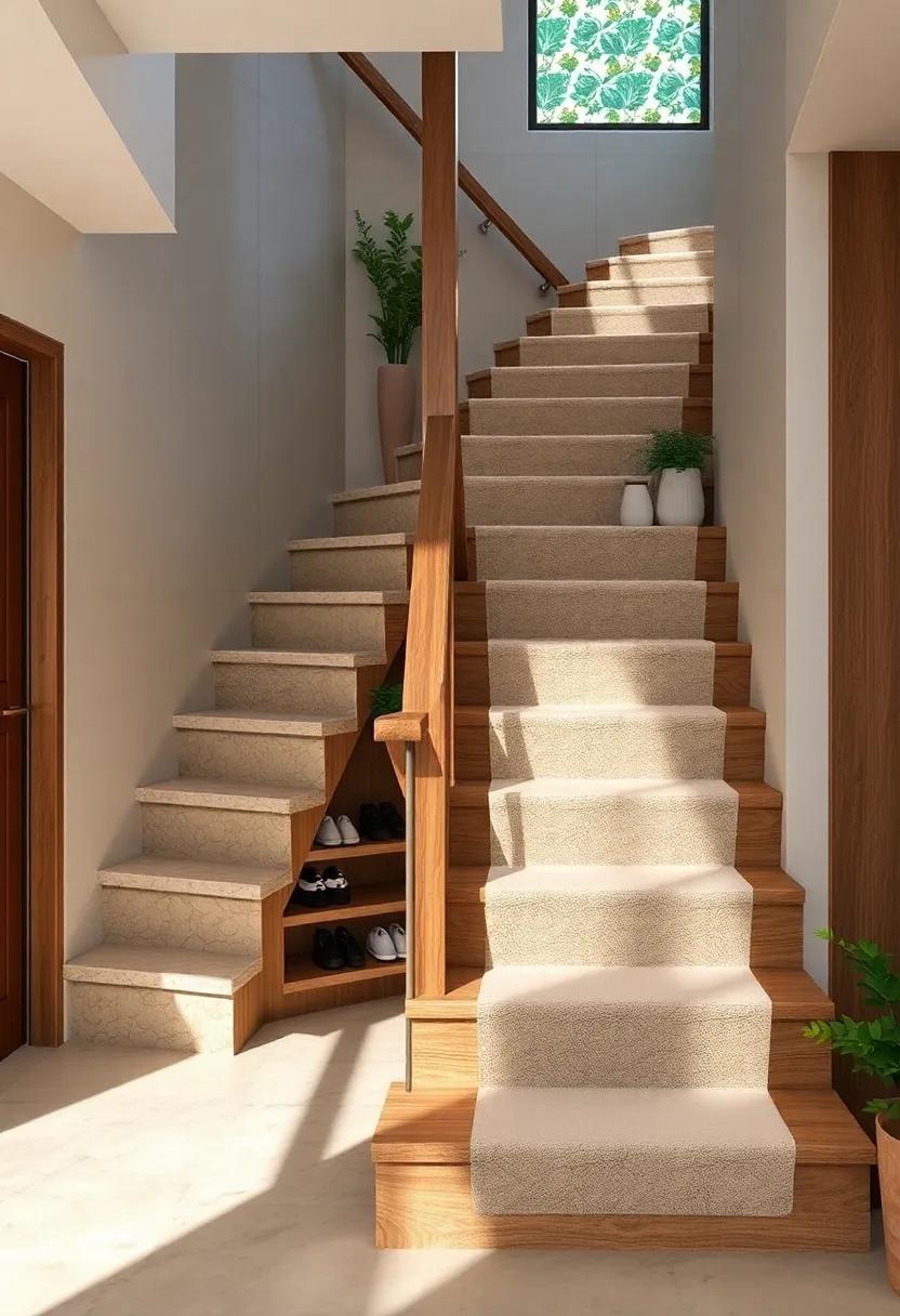 Nature-Inspired Nooks:​ An organic wood⁤ staircase featuring carved niches for ⁤shoe storage, blending nature and style harmoniously in an eco-friendly home