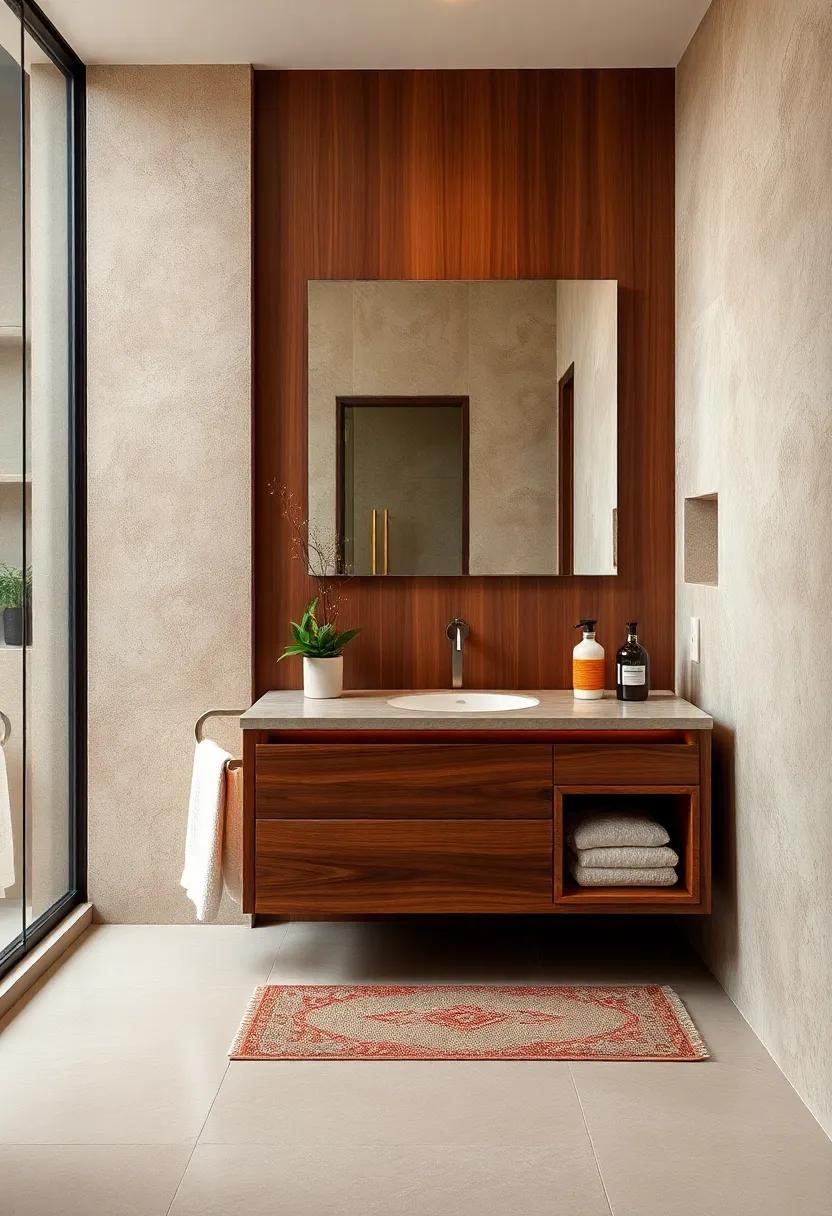 Statement Vanity: Select ⁢a modern vanity in deep mahogany or walnut, which not only provides storage but also serves as a focal point