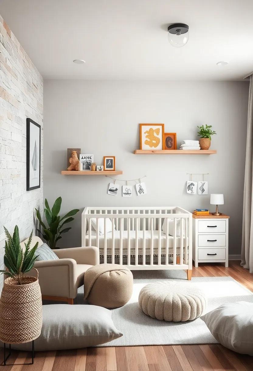Rustic Charm: Incorporate reclaimed wood elements against light grey walls,such as shelving or a crib,for a touch of rustic charm that adds character to the nursery