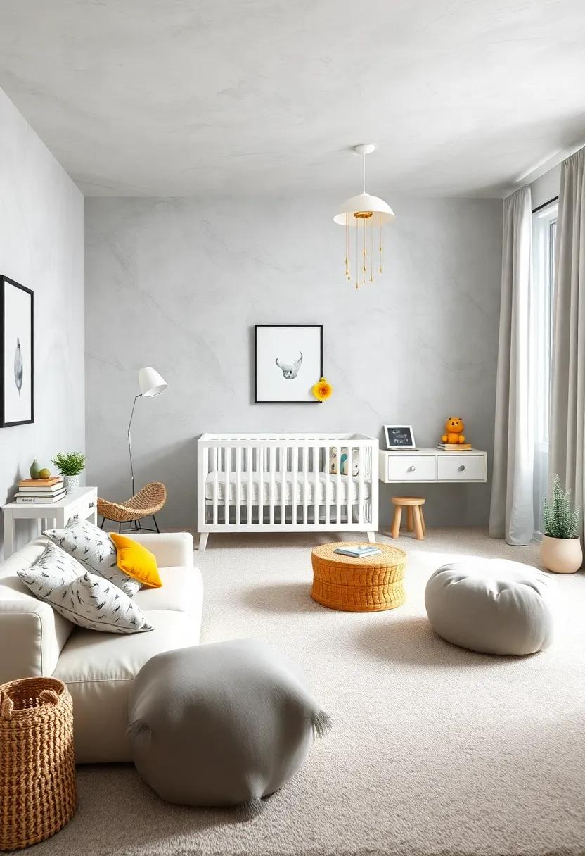 soft Floors: Use plush, light grey carpeting or flooring that feels soft underfoot, perfect for playing and rolling around during those early formative years