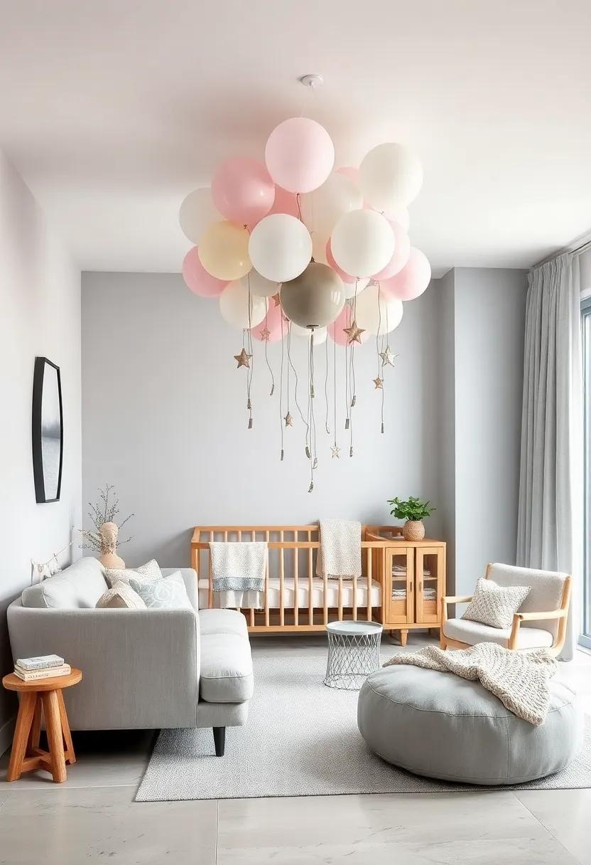 Balloon Inspirations: Create balloon mobile decor in light grey tones, enhancing the whimsy while adding height and movement to the nursery space