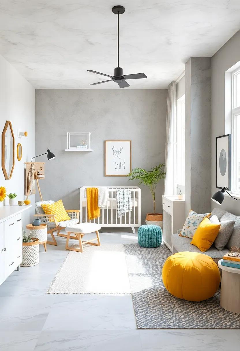 accent with Color: Add splashes of vibrant colors like mustard yellow or soft mint green against the light grey backdrop to create a lively yet balanced environment
