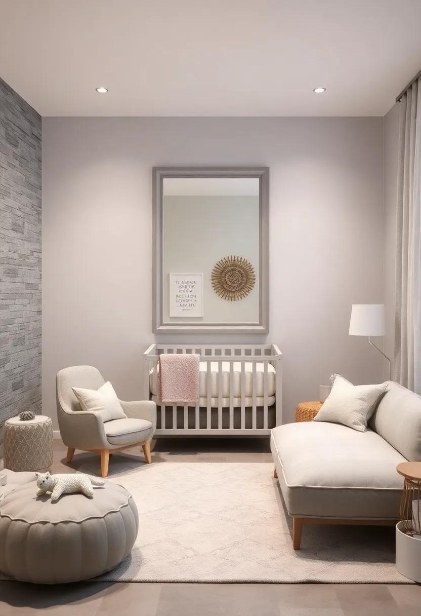 Mirrors for Depth: Incorporate a beautiful light grey-framed mirror to reflect light and make the nursery seem larger while adding a stylish element