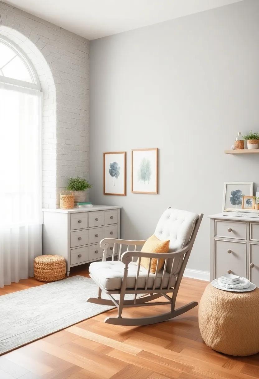 Vintage Accents: Use vintage light grey furniture pieces, like an antique rocking chair, to blend old-world charm with contemporary nursery design