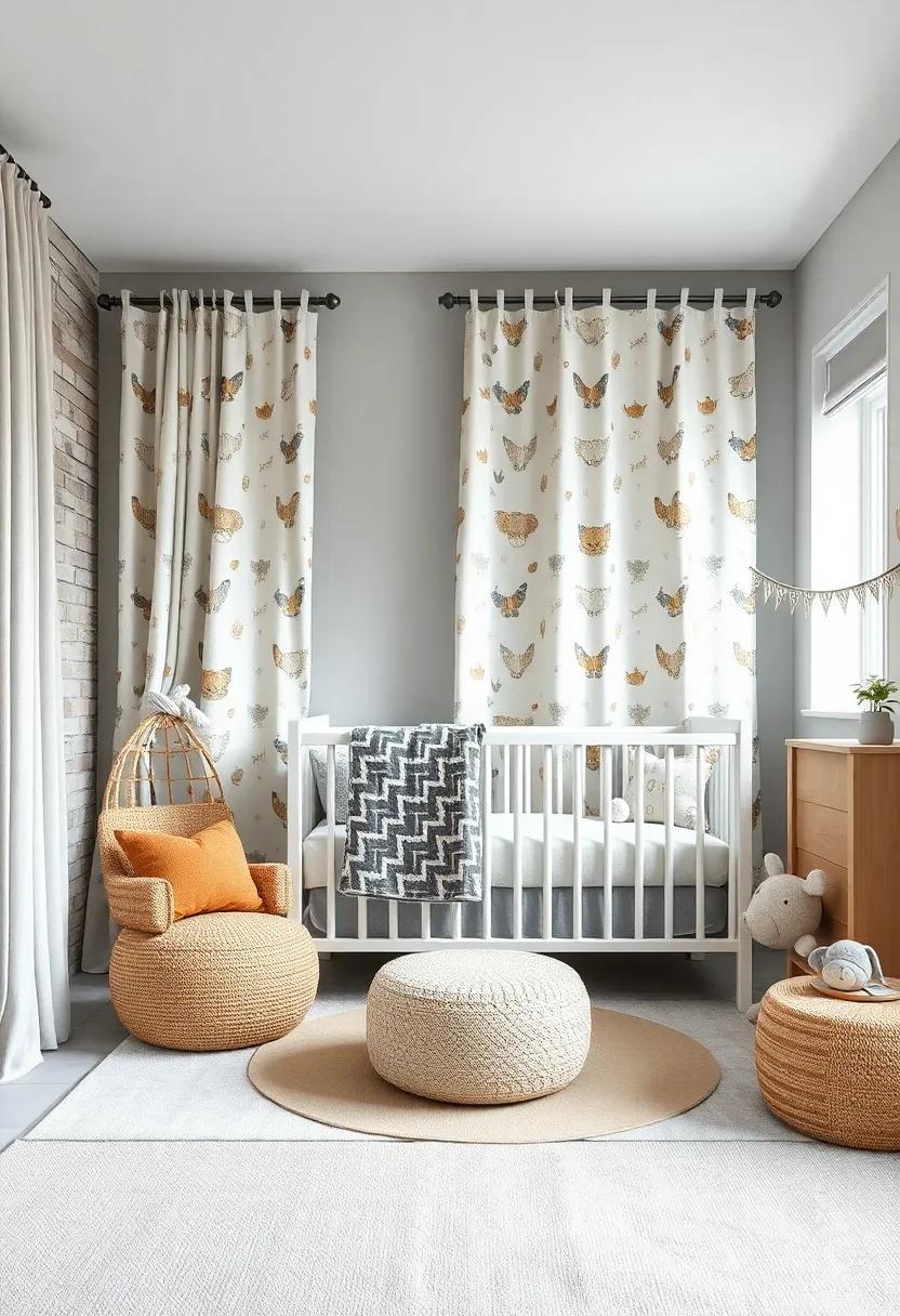 Themed Fabrics: use light grey fabric printed with fun motifs for curtains or cushions, tying the nursery design together seamlessly while keeping it playful