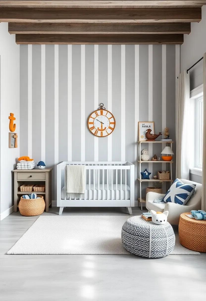 Nautical Vibes: Introduce light grey stripes along the walls paired with nautical-themed decor to inspire adventure in a calming seaside atmosphere