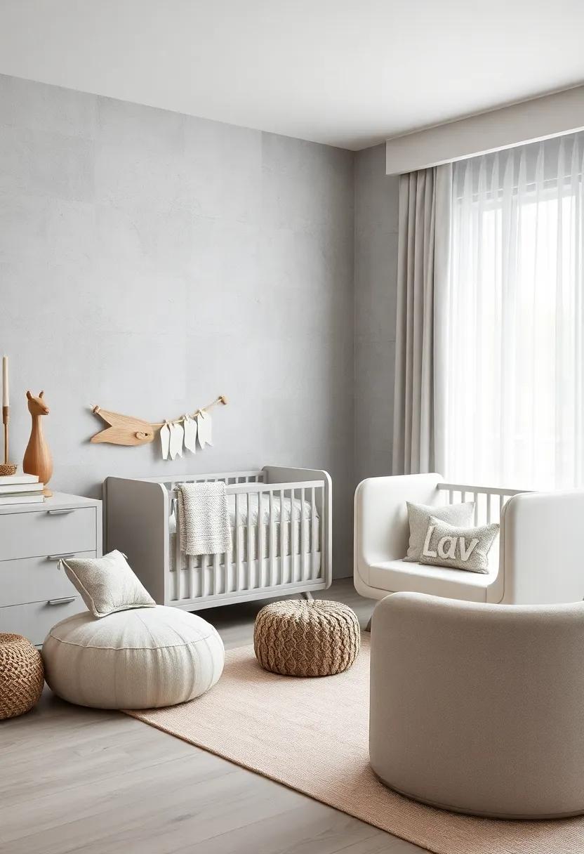 Soft Edge Furniture: Choose furniture with rounded edges in light grey finishes, ensuring safety alongside a contemporary look that fits the nursery’s theme