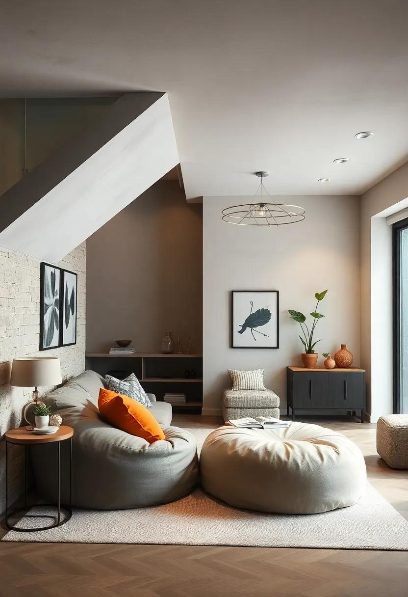 Transform your under stairs space with a plush, oversized bean bag chair for a relaxed seating option that invites lounging