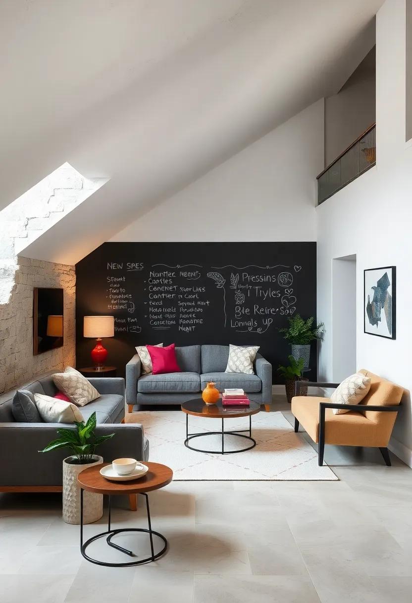 Install a chalkboard wall to jot down thoughts, quotes, or doodles, adding an interactive element to your lounge