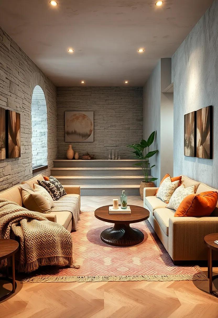 Layer different textures, like a knitted blanket and velvet cushions, to create an inviting and tactile experience