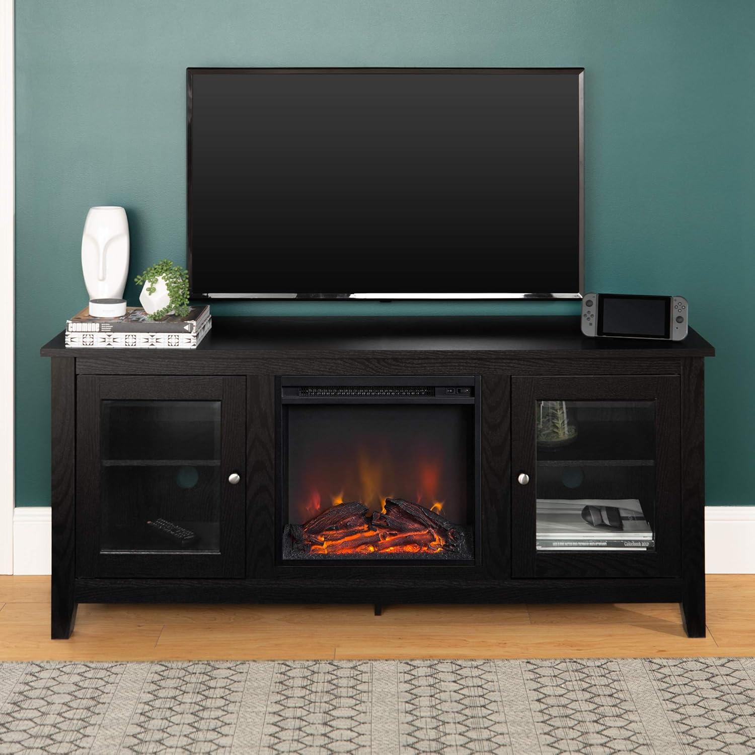 Walker Edison Rustic Wood & Glass Fireplace TV Stand for you