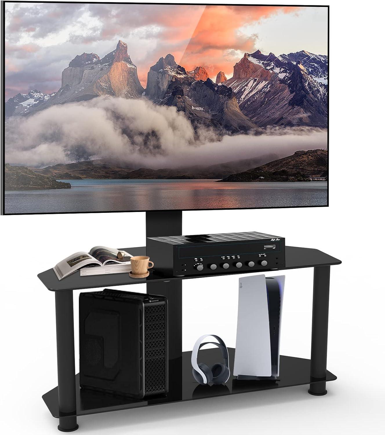 Our Take on the Swivel Corner TV Stand with Glass Shelves