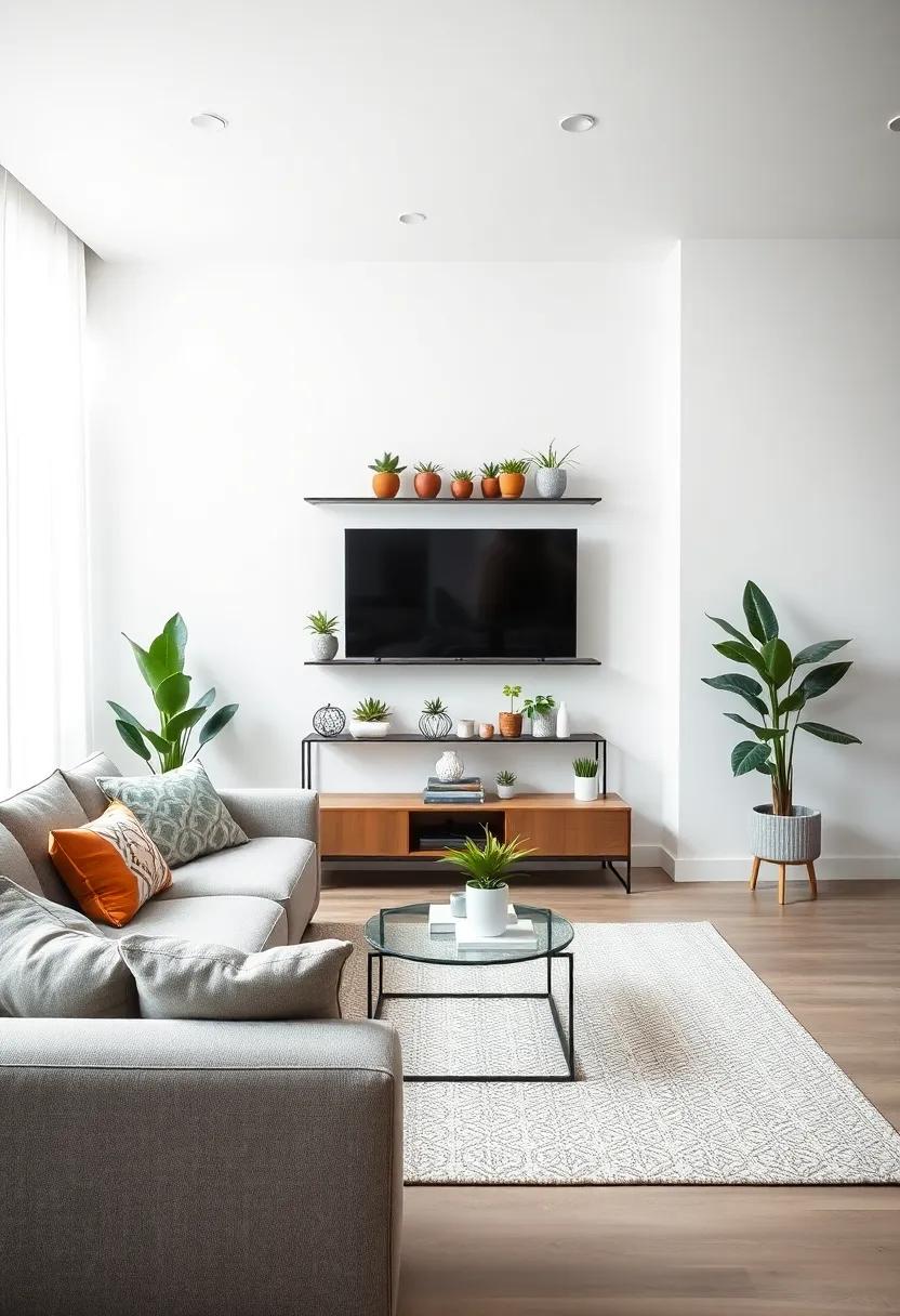 Embrace Minimalism: A sleek, white-walled living room⁤ adorned with a simple metal plant shelf showcasing succulents that add a pop of ⁢color ​and personality without overwhelming the space