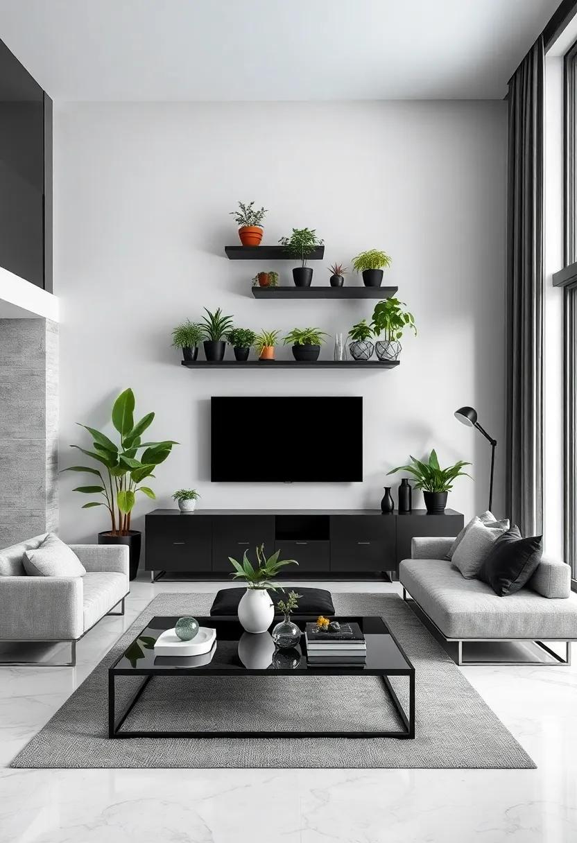 Monochrome Magic: A striking black-and-white living room where sleek, minimalist shelves display bold green plants, emphasizing contrasting elements that create a sophisticated appeal
