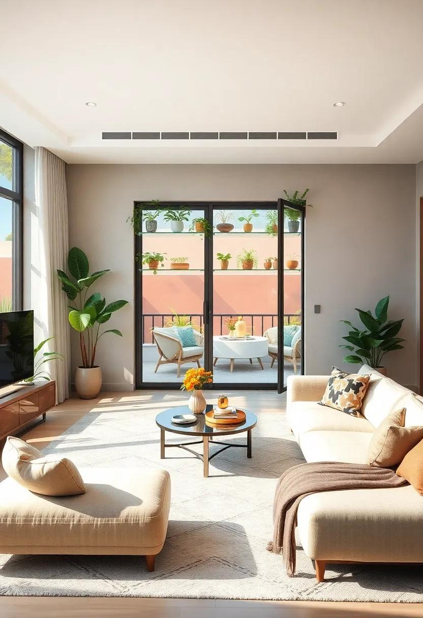 Nature-Infused: A⁢ living ⁣room‌ that blurs the lines between indoors ⁤and outdoors with transparent plant shelves that extend to a balcony⁣ garden, encouraging ​a seamless connection with nature