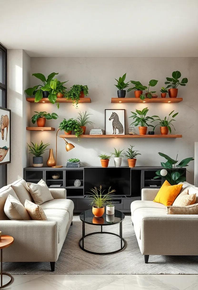 Artistic‌ Expression: An ⁢inspirational living ‌room ​where plant shelves double as ‍art installations,showcasing uniquely shaped pots ⁢and sculptural plants that‌ spark conversation and​ creativity