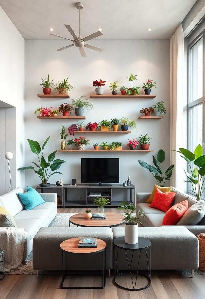 The Color Pop: A trendy space ⁤that showcases bright,‌ colorful plant shelves⁤ amid neutral​ furniture, where ⁤the vibrant hues‌ of the plants serve as an energizing statement ⁤piece in the‍ room