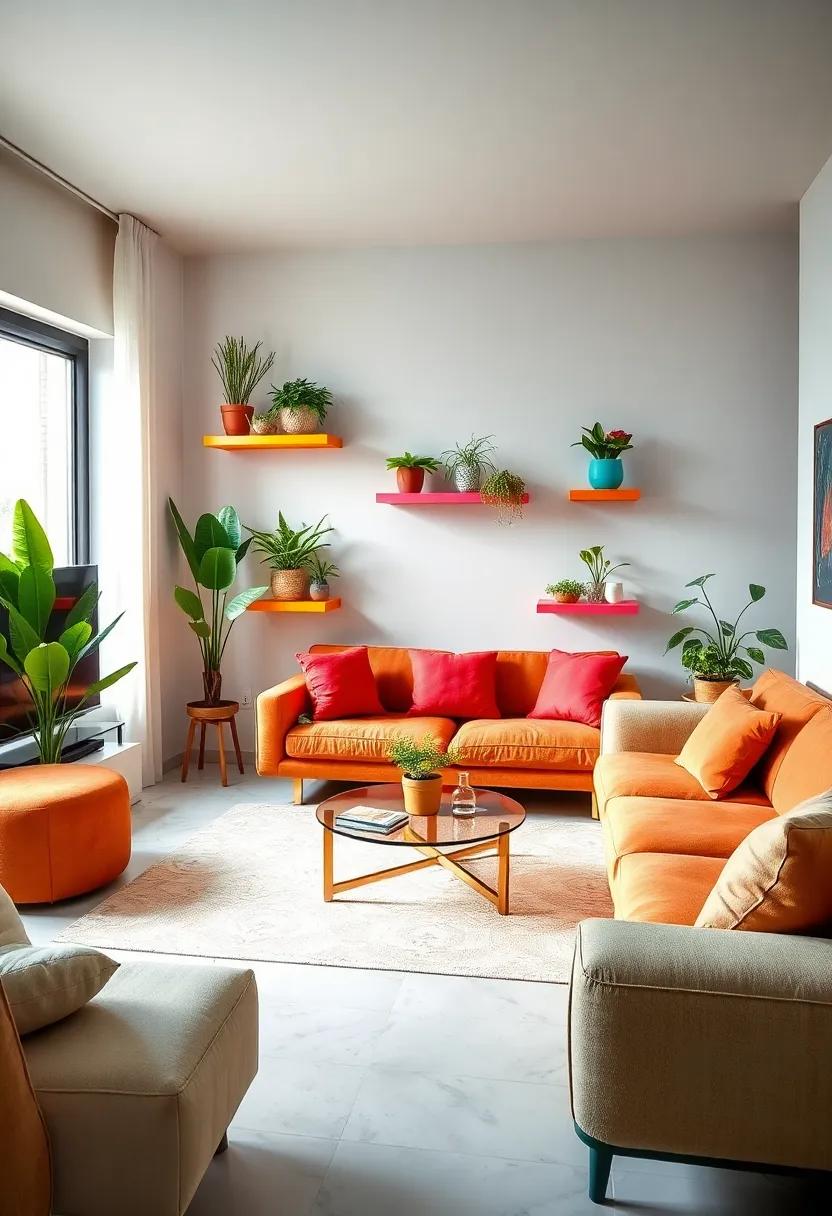 Bold and Bright: A vibrant living room ​that⁢ features funky floating shelves painted in eye-catching colors, each cradling various species of ‍plants, adding a playful and​ artistic flair to the room