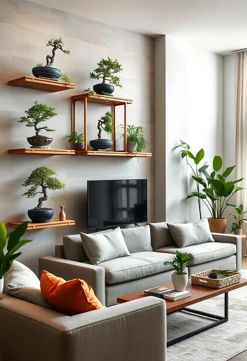 Zen Retreat: An apartment ⁤styled for​ relaxation with ⁣bamboo plant ​shelves ​hosting serene bonsai​ trees and ornamental plants, ⁢creating a peaceful sanctuary that invites ​mindfulness and calm