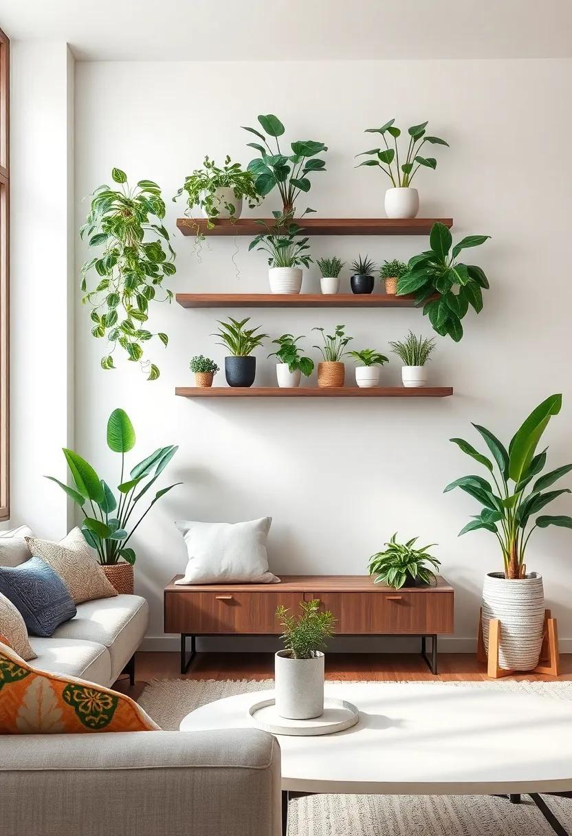 Create ​a plant shelf: Install floating shelves‌ and display an assortment of smaller tropical plants like pothos or philodendrons‍ to add dimension