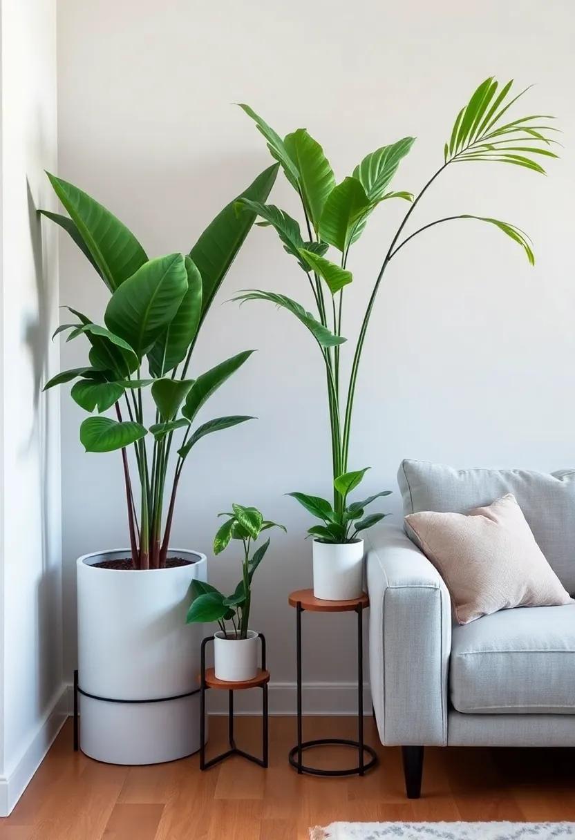 Employ plant stands: Use varying heights by introducing stylish plant stands that elevate some plants off the ground, creating visual interest