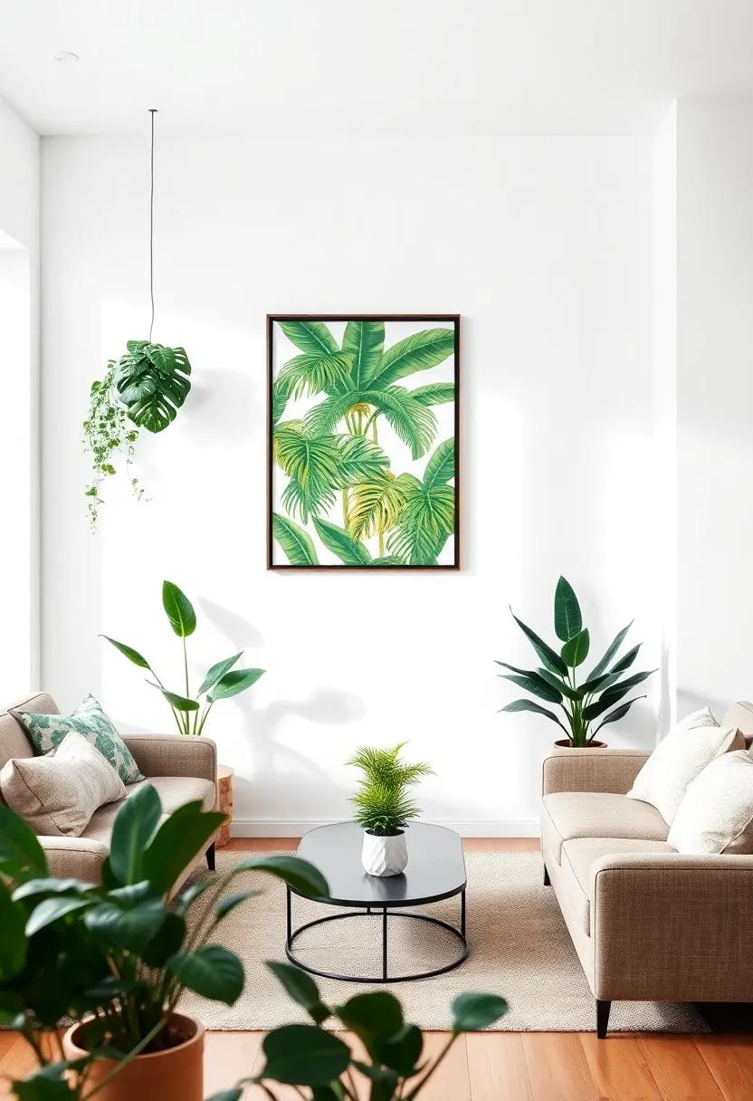 Pair plants with art: Surround your plants with tropical-themed artwork to tie together the horticultural and artistic elements of your living room