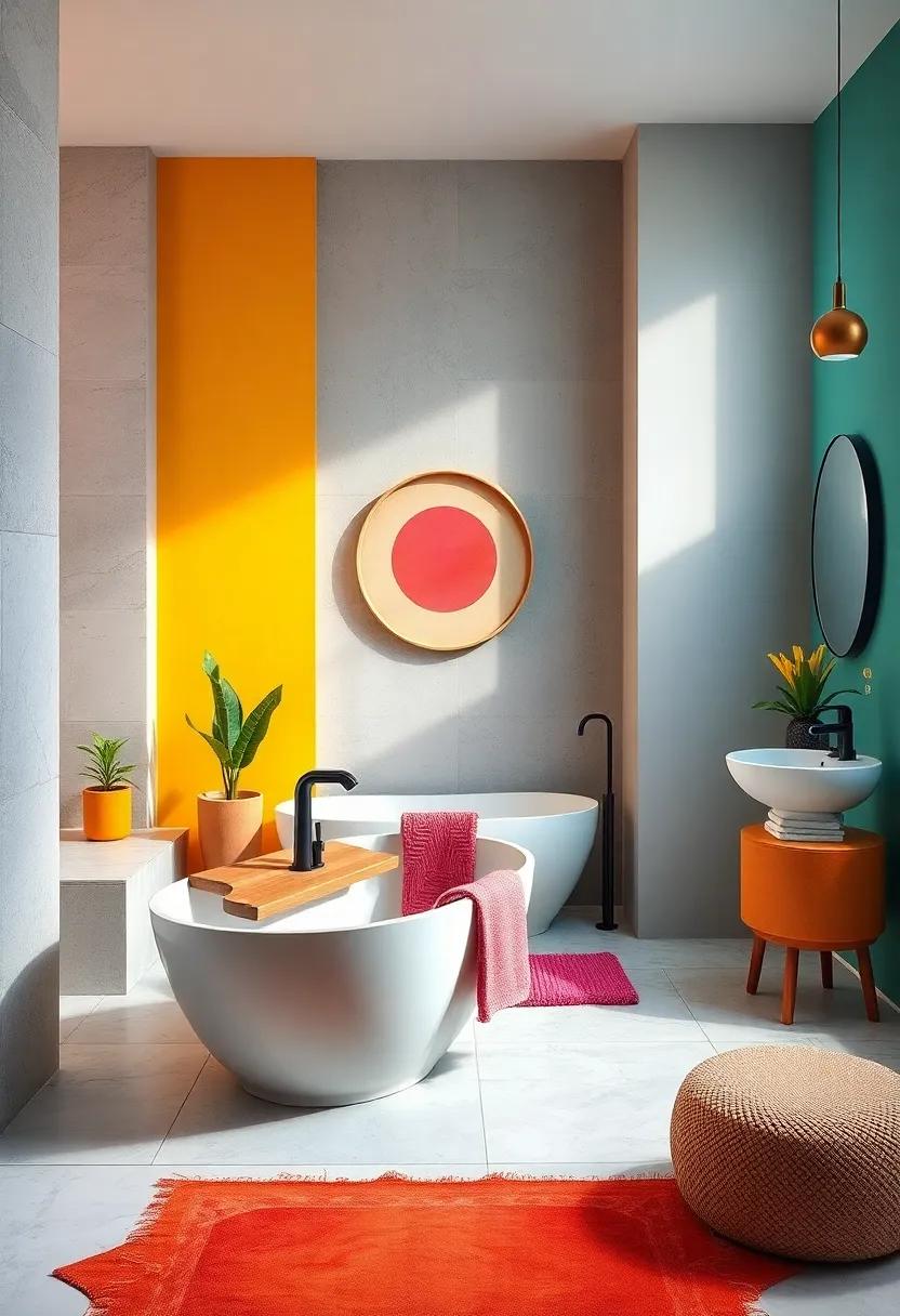 Artistic ⁤Flair: A​ vibrant bathroom where an artistic freestanding tub is ⁣the main attraction, surrounded by ​bold colors and funky decor‌ that ⁤spark joy and creativity