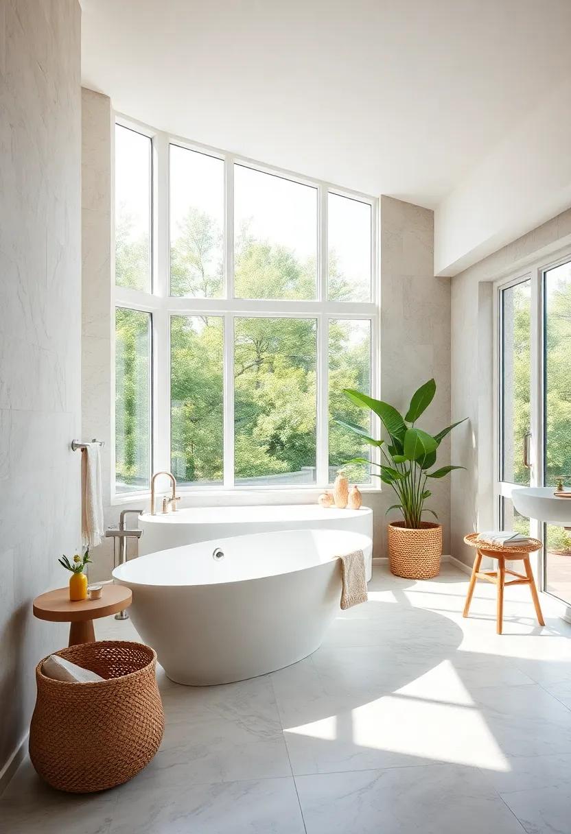 Bright and Airy: ​A sunlit‍ bathroom​ featuring a white⁢ freestanding tub with large ​windows⁤ that invite ‌the outdoors ​in, adorned with ⁣soft ⁣pastel colors for a refreshing ambiance