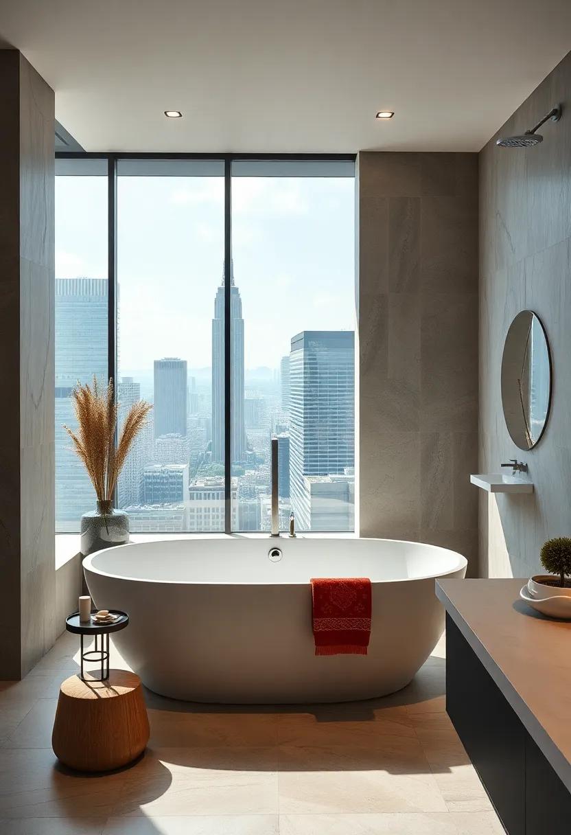 Chic and Sophisticated: A high-end bathroom design with a sculptural ⁤freestanding tub overlooking ⁣a cityscape,⁤ embodying modern luxury and sophistication