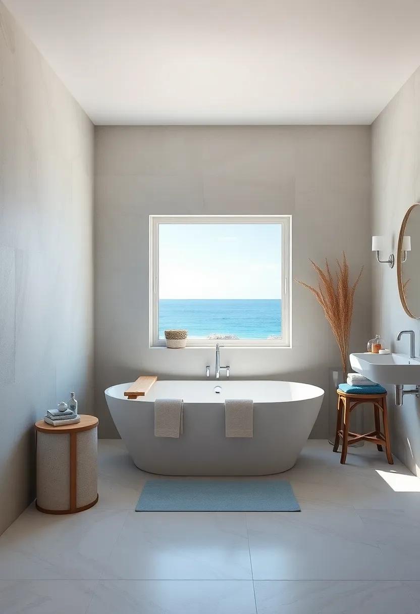 Coastal Calm: A beach-inspired bathroom where a freestanding tub gazes‍ out at ocean views, paired with⁢ soft blues‍ and⁤ sandy neutrals ⁢for ⁣the perfect seaside vibe
