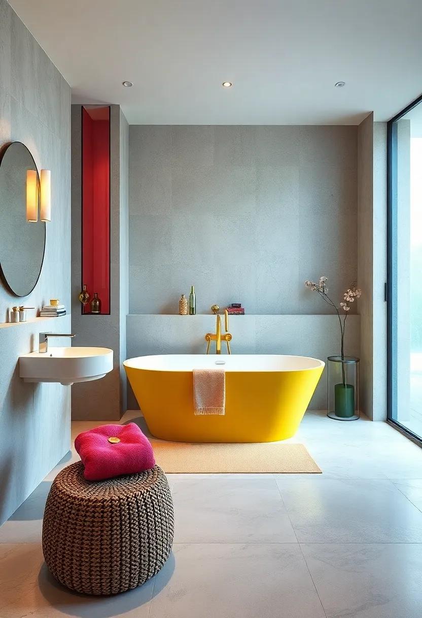 Color Pop: A‍ bright,⁢ playful ‍bathroom ⁣where ⁤a⁢ vibrant ‍freestanding tub stands out against a ⁤neutral backdrop, adding a youthful⁣ energy to the ⁤space