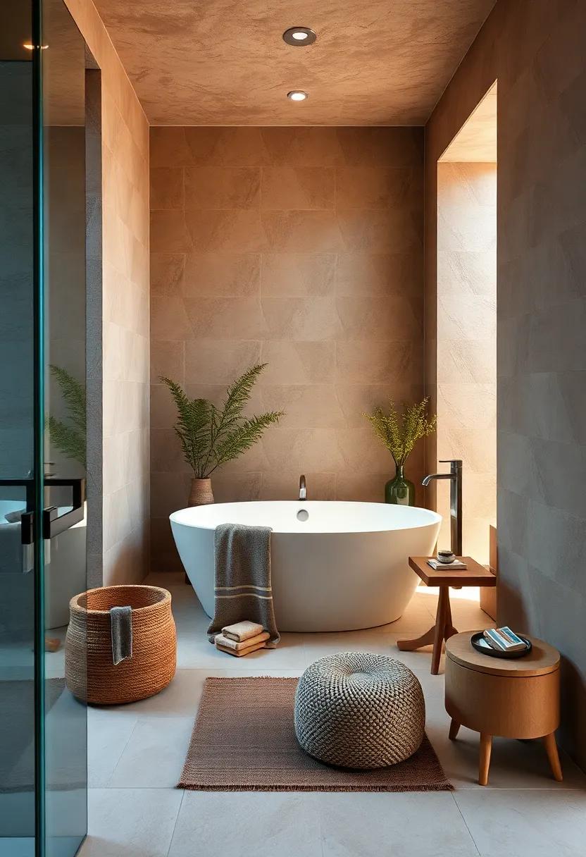Earthy Neutrals: ⁤A‍ warm-toned bathroom⁣ featuring ⁣a ‌rustic⁣ freestanding tub surrounded by earthy materials, creating an inviting space that feels like a peaceful ⁤sanctuary
