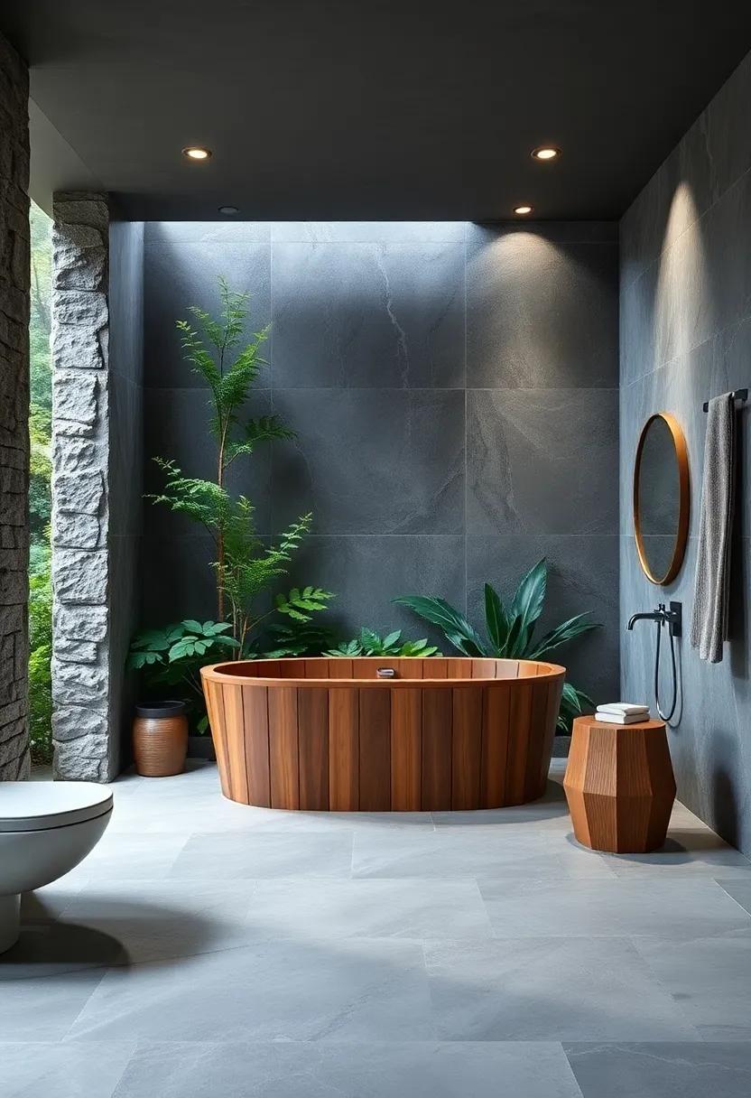 Forest Retreat: A spa-inspired ‍bathroom with ​a wood-paneled freestanding tub⁣ nestled⁣ among greenery, ‌creating a tranquil environment that mimics a natural forest